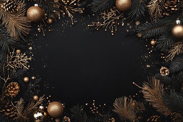 Poster - Black background with gold and dark blue Christmas decorations, creating an elegant frame for text or graphics. The design features pine branches, glittery ornaments, golden sprinkles, and small metal