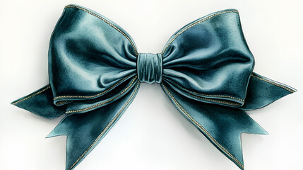 A soft watercolor painting of a beautifully tied emerald green velvet bow with realistic fabric texture, on a white backdrop