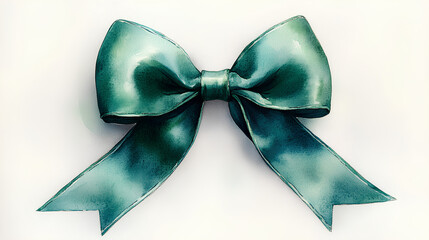 A soft watercolor rendering of a festive green velvet bow, painted with intricate fabric details, on a white canvas