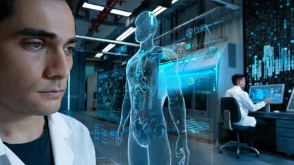 Poster - A businessman contemplates a futuristic smart city display with data analytics.