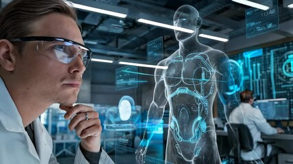Poster - A businessman interacts with a holographic model of a smart city in a futuristic environment.