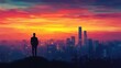 © MINHOO - A silhouetted figure stands against a vibrant sunset over a city skyline.