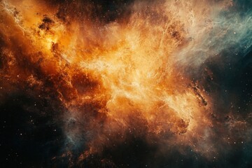 a fiery nebula with swirling orange and blue clouds in space.