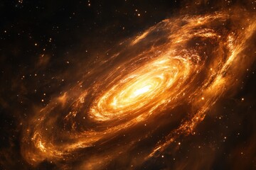 Wall Mural - a fiery orange spiral galaxy with a bright core, surrounded by a vast expanse of dark space studded 
