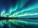 Shimmering aurora borealis undulates across serene lake, serenity, icy landscape
