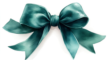 Wall Mural - A watercolor illustration of a single elegant green velvet bow with soft, rich folds, on a bright white background