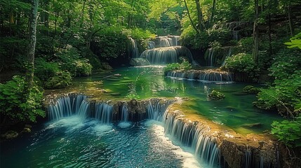 Poster - A lush green forest, where a central stream cascades down from a waterfall above, forming multiple small cascades and flows. The stream creates a clear blue pond on the rocks.