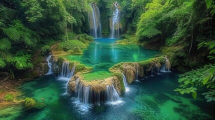Poster - A lush green forest, where a central stream cascades down from a waterfall above, forming multiple small cascades and flows. The stream creates a clear blue pond on the rocks.