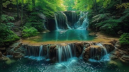 Poster - A lush green forest, where a central stream cascades down from a waterfall above, forming multiple small cascades and flows. The stream creates a clear blue pond on the rocks.