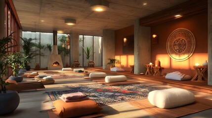 Poster - Tranquil meditation space modern studio interior design serene atmosphere natural light mindfulness retreat