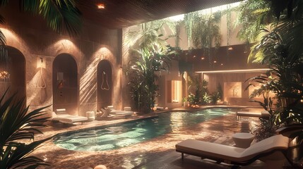 Poster - Relaxing spa experience luxurious indoor pool wellness center tropical oasis serene atmosphere tranquility concept
