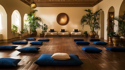 Poster - Meditation session setup tranquil studio interior design calm environment wide view mindfulness concept