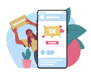 Poster - woman with subscription offer. young girl with sign subscribe near smartphone screen. promotion in s