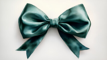 Wall Mural - A detailed watercolor rendering of a plush green velvet bow with gentle folds and soft highlights, on a white canvas