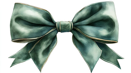 Wall Mural - A detailed watercolor sketch of an elegant green velvet bow with smooth fabric and gentle folds, on a white canvas