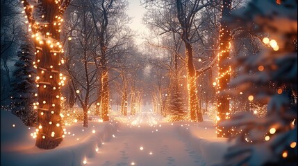 Poster - Christmas minimal scene with snow and lights, winter wonderland.