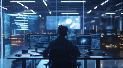 Aufkleber - Data analysis in high-tech office city skyline digital workspace futuristic environment over-the-shoulder view technology focus