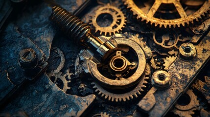 Poster - Mechanical action gears workshop close-up image industrial environment macro view precision engineering