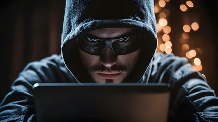 Poster - Hacker engaged in cybercrime dark room digital art mysterious atmosphere close-up technology insight