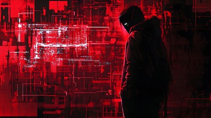Aufkleber - Mysterious figure in red glow urban setting digital art futuristic environment side view cyberpunk concept