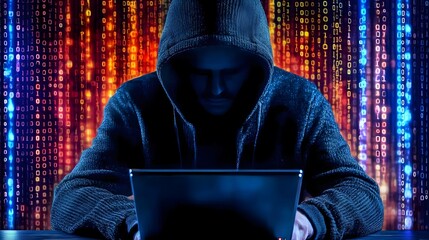 Poster - Cyber intrusion in tech environment dark background digital art urban setting close-up hacking concept