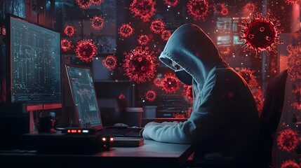 Aufkleber - Hacker analyzes covid data dark room digital art cyber environment close-up cybersecurity awareness