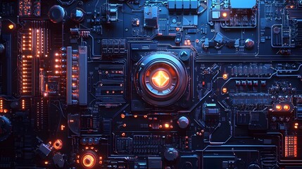 Poster - Innovative technology circuit board futuristic lab digital art neon environment aerial view cybernetic concept