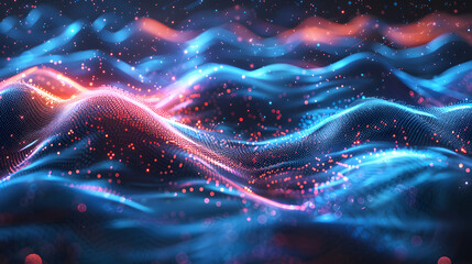 Poster - Abstract background with digital waves, dynamic network system, artificial neural connections, cyber quantum computing and electronic global intelligence