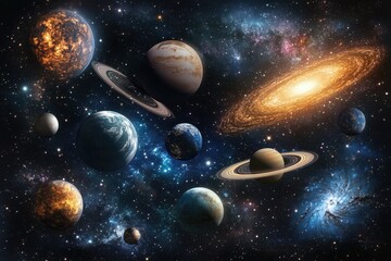 Wall Mural - A stunning cosmic scene with planets, galaxies, and stars in a dark, starry background.