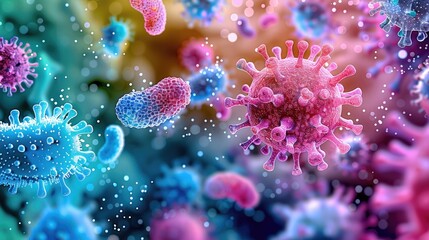 Poster - A vibrant, microscopic view of various bacteria and viruses in a colorful, dynamic array set against a soft.