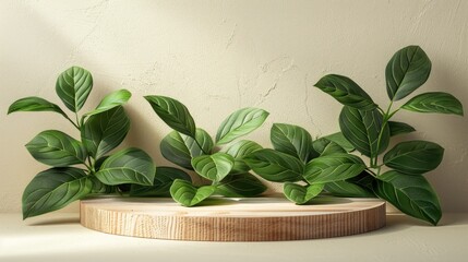 Aufkleber - Product display stand, wooden platform, leaves on light color background.