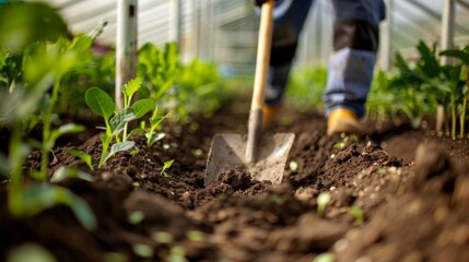 Agricultural Work: Farmer Using a Shovel to Dig Soil in a Greenhouse