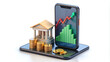 © Aklima - A 3D stock trading analysis with a mobile phone icon.