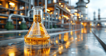 Fototapete - Oil sample placed on a lab table with refinery machinery in background.
