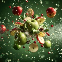 Poster - A green background and at the center there is an explosion of green apple slices and red and green Christmas ornaments flying in every direction out from the middle.