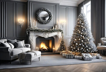 Wall Mural - Living room decorated for Christmas with silver theme Christmas tree, fireplace and sofa. Christmas image. Card design. 銀色のテーマのクリスマスツリーと暖炉とソファーのあるクリスマスの飾りをしたリビングルーム。クリスマスのイメージ。カードデザイン。