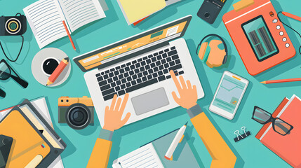 Wall Mural - Journalist Working on a Laptop flat illustration vector