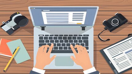 Wall Mural - Journalist Working on a Laptop flat illustration vector