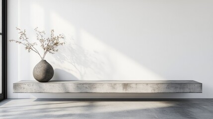 Wall Mural - A minimalist concrete shelf with a vase of dried branches against a white wall.