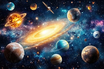 Wall Mural - a vibrant galaxy with planets and stars in the deep space.