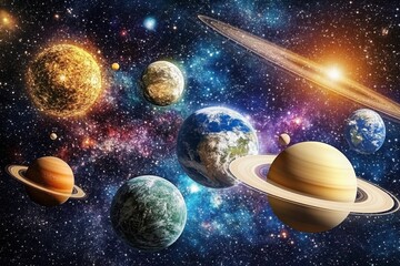 Wall Mural - a vibrant illustration of the planets of our solar system, orbiting a bright sun against a backdrop 