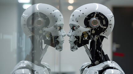 Aufkleber - AI robot looking at its reflection in science lab