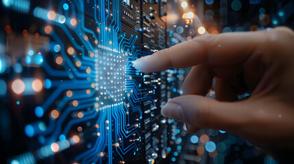 Aufkleber - Artificial intelligence (AI) with machine deep learning and data mining and another modern computer technologies UI by hand touching CPU icon