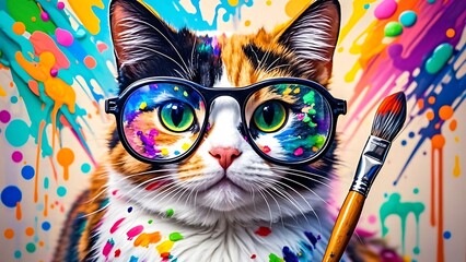  Colorful cat artist with paint splatters and brush.