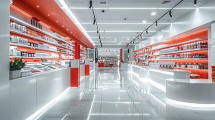 Aufkleber - A white spacious super market with high end groceries and consumables in a minimalist and elegant style featuring red details and furniture.