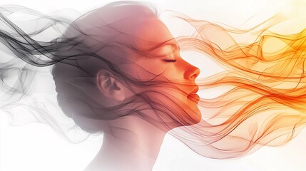 Fototapete - A person immersed in deep breathing exercises, surrounded by dynamic air wave visuals against a white backdrop.