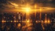 © visoot - A city skyline, black and gold, golden hour. minimal, elegant.