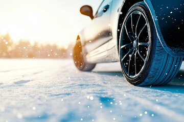 Winter tires on snow-covered road with sunlight and snowflakes