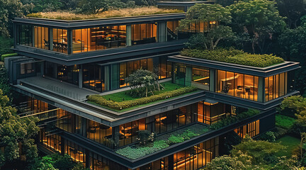 Poster - A high-end pre-fabricated building for senior management offices, Forest setting, refined modern architecture with glass and metal accents. Aerial high view.