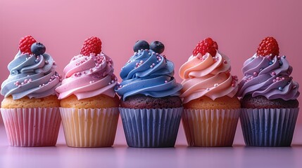 Poster - Five colorful cupcakes in a row, each with unique frosting and decorations, vibrant colors like pink, purple, and blue, topped with sprinkles, berries, or decorative icing swirls.